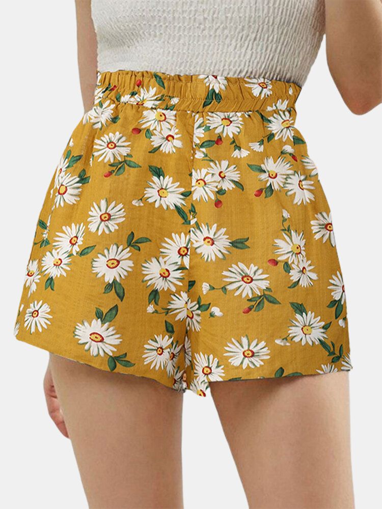 Lässige Damenshorts Mit Hoher Taille Und Gänseblümchen-print