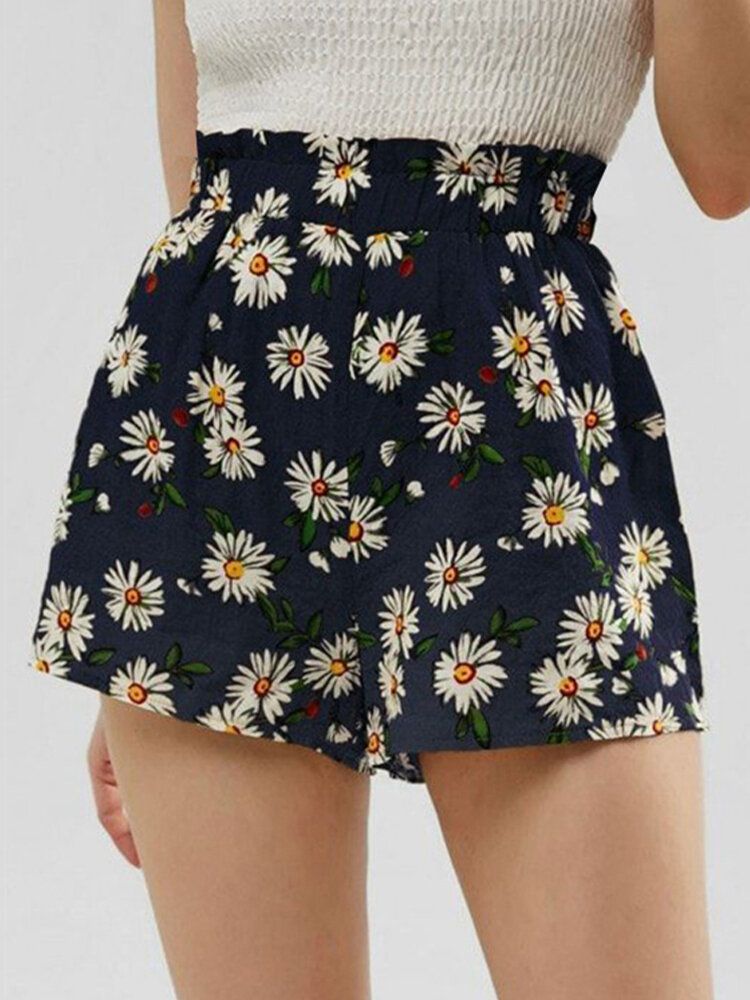 Lässige Damenshorts Mit Hoher Taille Und Gänseblümchen-print