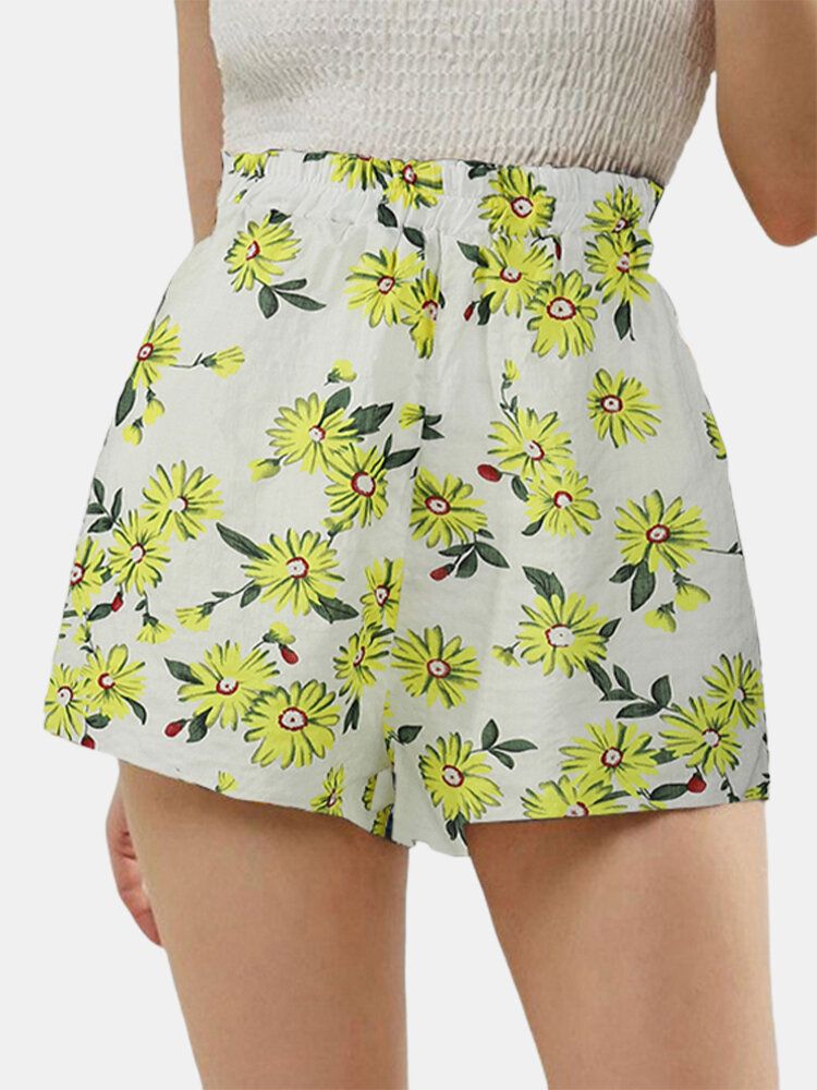 Lässige Damenshorts Mit Hoher Taille Und Gänseblümchen-print