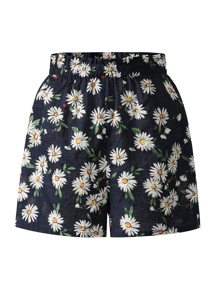 Lässige Damenshorts Mit Hoher Taille Und Gänseblümchen-print