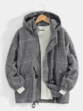 Herren Vintage Plaid Kordelzug Taillentasche Warme Kapuzenmäntel