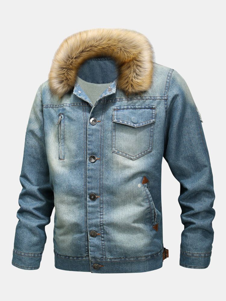 Herrenmode 100 % Baumwolle Taschen Denim Fleece Verdickte Freizeitjacke Mit Stehkragen