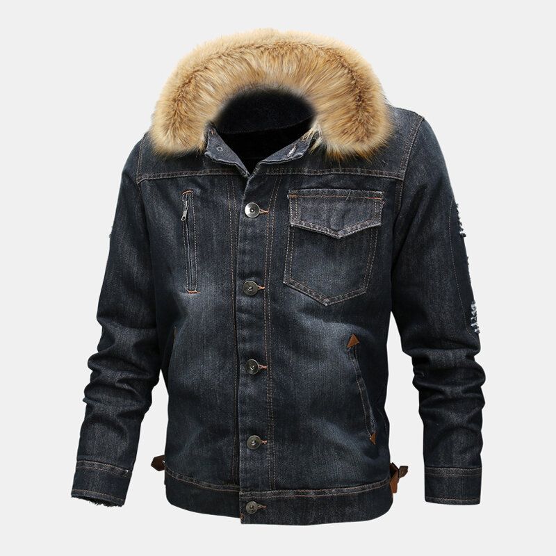 Herrenmode 100 % Baumwolle Taschen Denim Fleece Verdickte Freizeitjacke Mit Stehkragen