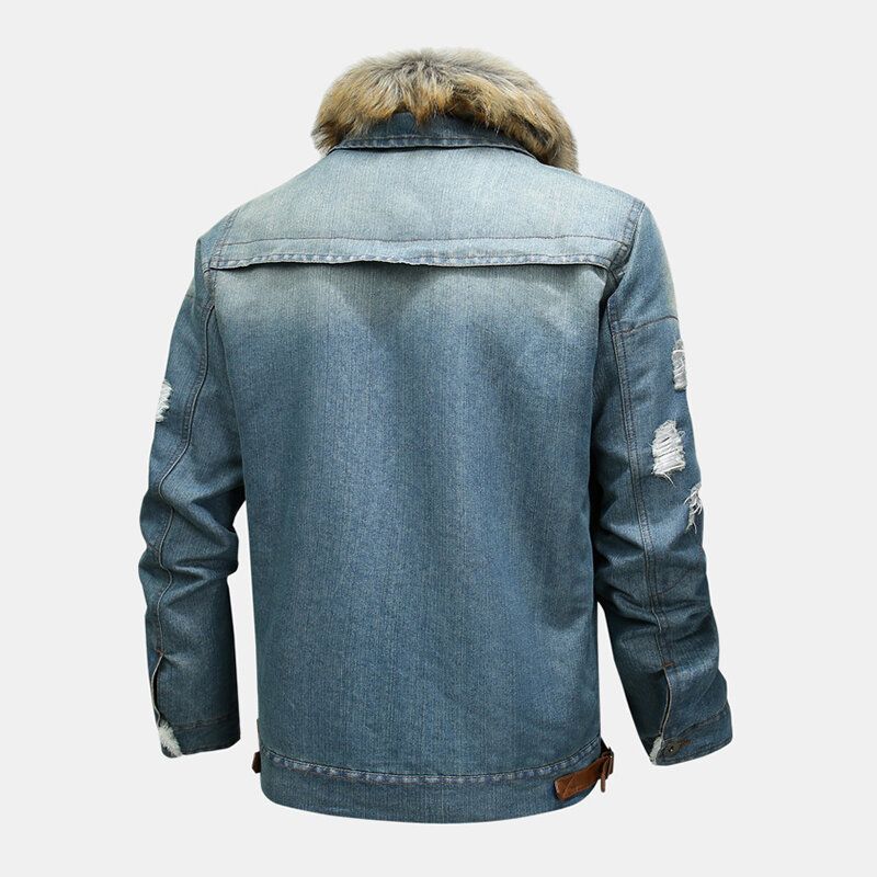 Herrenmode 100 % Baumwolle Taschen Denim Fleece Verdickte Freizeitjacke Mit Stehkragen