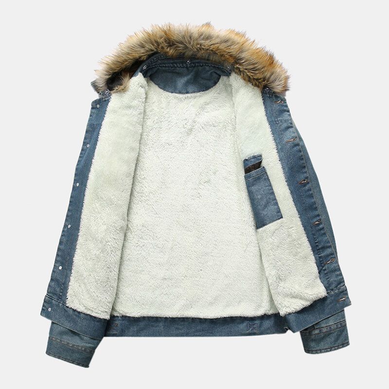 Herrenmode 100 % Baumwolle Taschen Denim Fleece Verdickte Freizeitjacke Mit Stehkragen