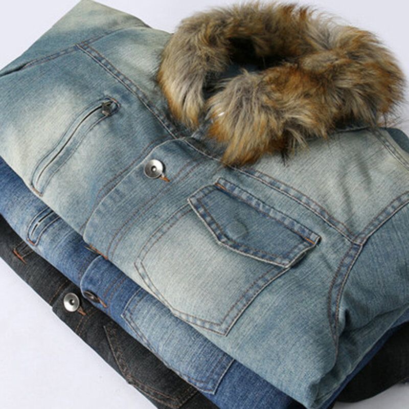 Herrenmode 100 % Baumwolle Taschen Denim Fleece Verdickte Freizeitjacke Mit Stehkragen