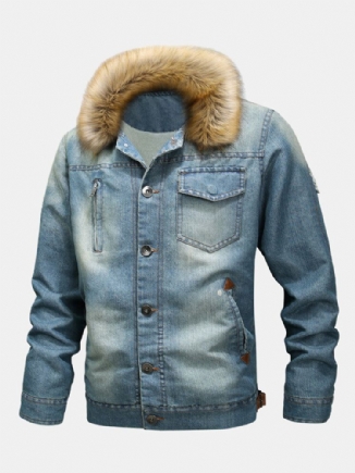 Herrenmode 100 % Baumwolle Taschen Denim Fleece Verdickte Freizeitjacke Mit Stehkragen