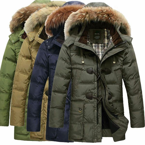 Warme Lange Daunenjacke Mit Kapuze Und Hochwertiger Hornschnalle Für Herren