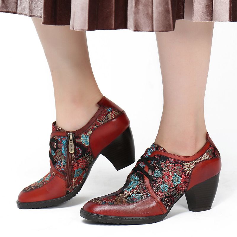 Anmutige Pumps Aus Echtem Leder Mit Retro-stickerei Und Blumen