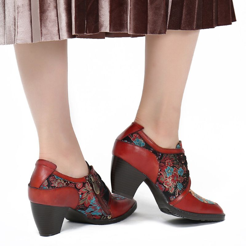 Anmutige Pumps Aus Echtem Leder Mit Retro-stickerei Und Blumen