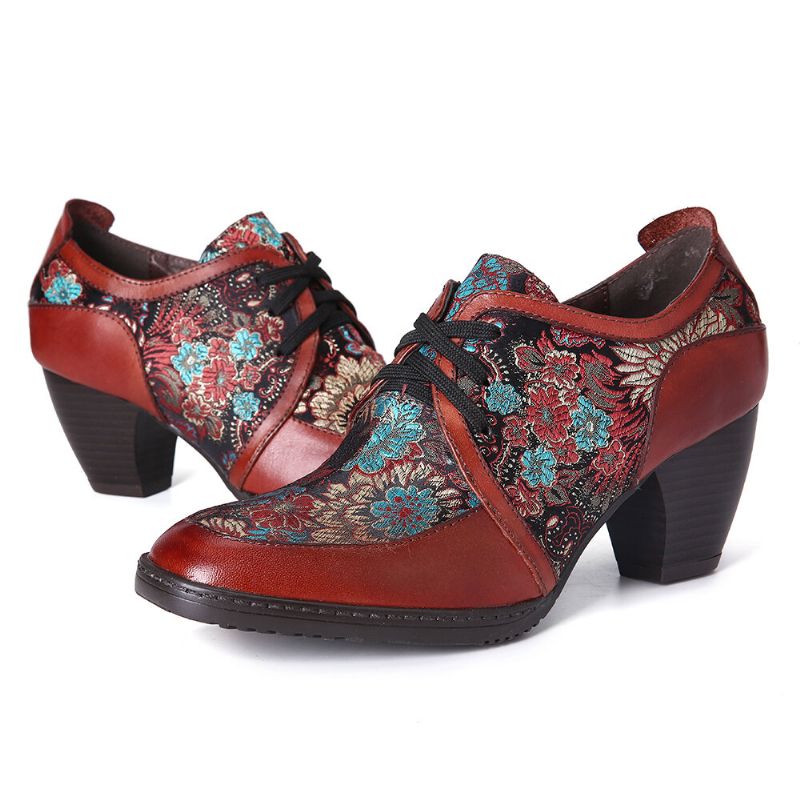 Anmutige Pumps Aus Echtem Leder Mit Retro-stickerei Und Blumen