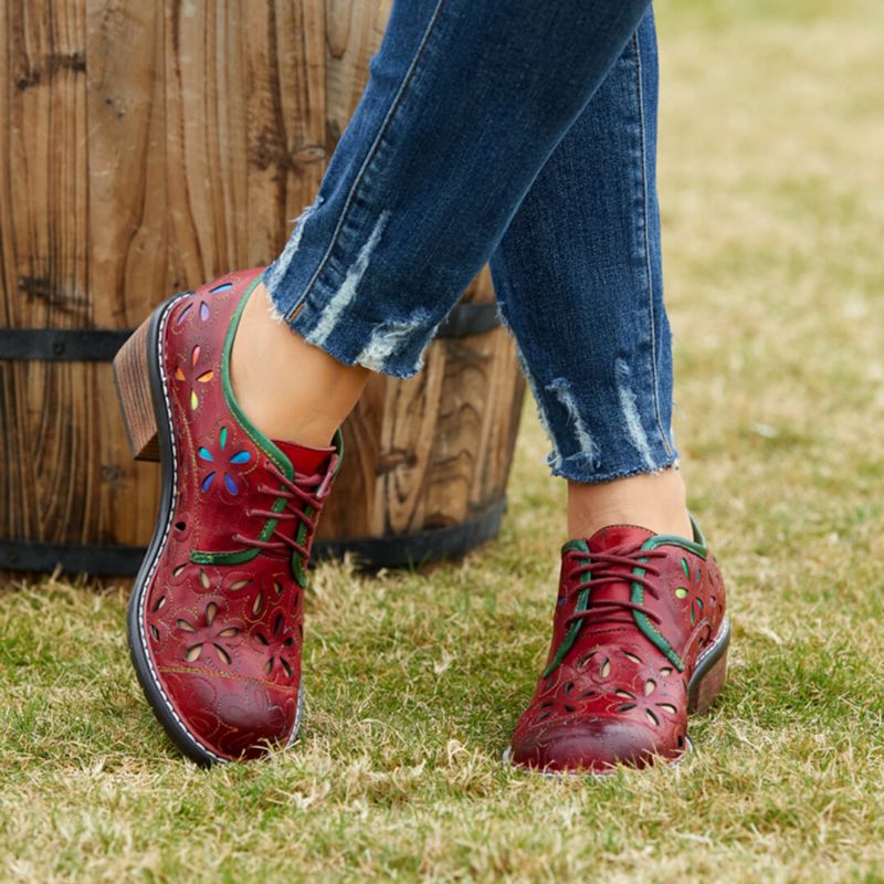 Bequeme Atmungsaktive Hohle Oxfords Mit Niedrigem Absatz Und Retro-schnürung Aus Echtem Leder