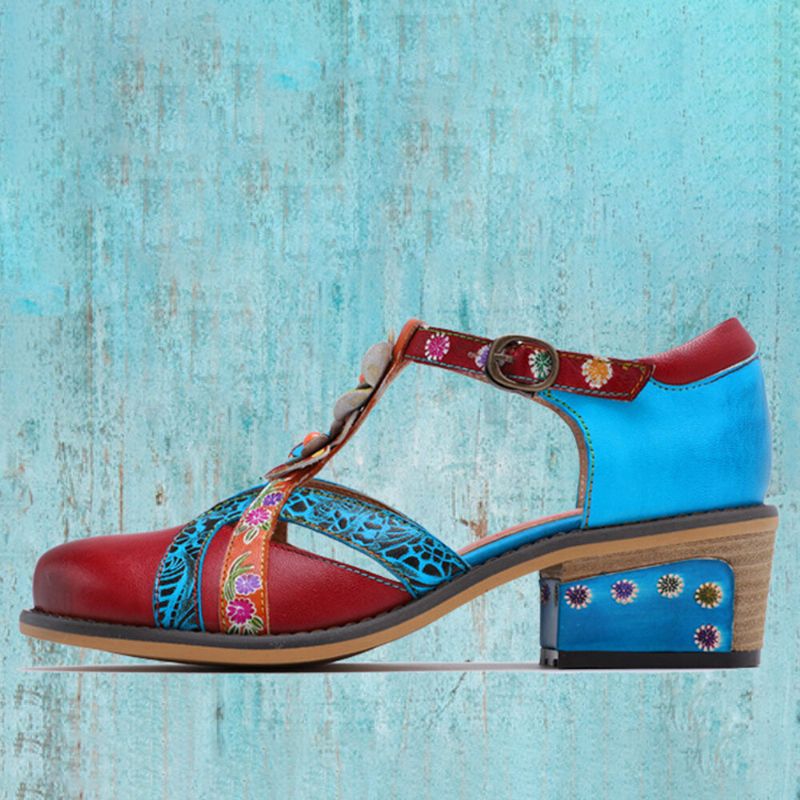 Bequeme Klettverschluss-retro-ethno-t-strap-schuhe Mit Niedrigem Absatz Und Blumenmuster Aus Echtem Leder