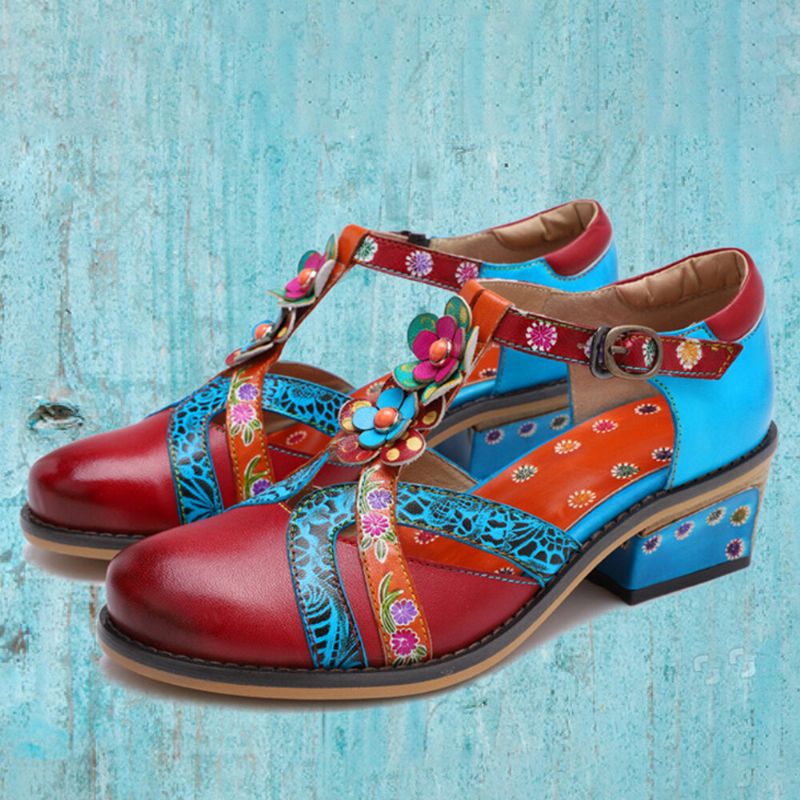 Bequeme Klettverschluss-retro-ethno-t-strap-schuhe Mit Niedrigem Absatz Und Blumenmuster Aus Echtem Leder