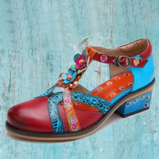 Bequeme Klettverschluss-retro-ethno-t-strap-schuhe Mit Niedrigem Absatz Und Blumenmuster Aus Echtem Leder