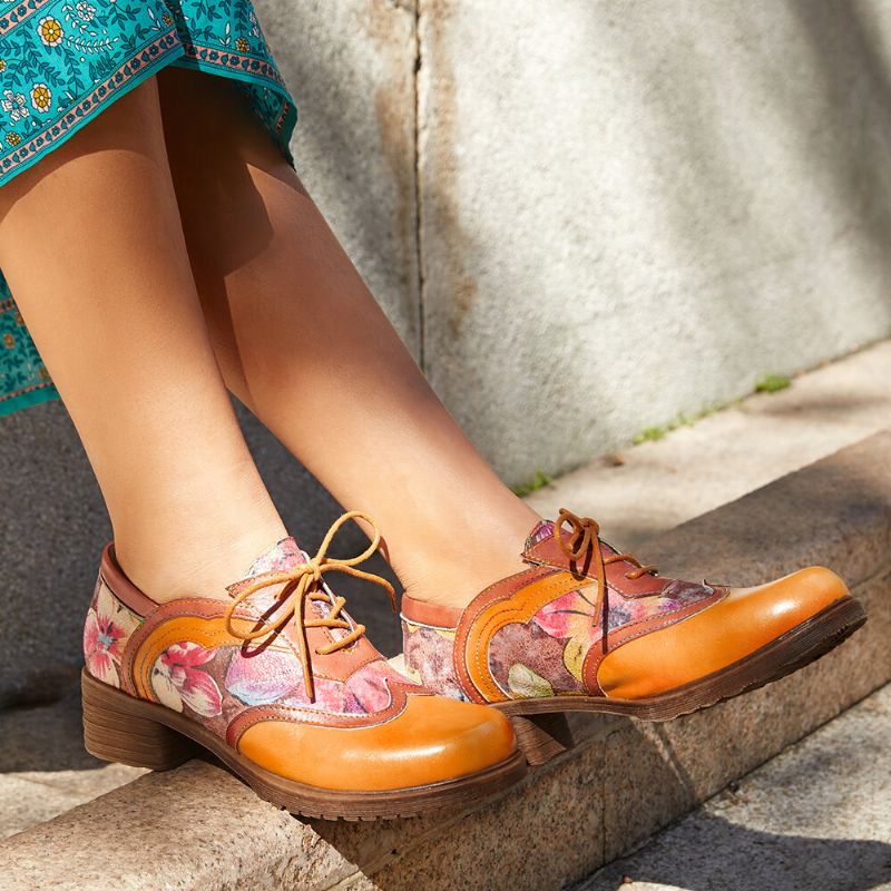 Bequeme Oxfords Mit Runder Zehenpartie Aus Echtem Leder Mit Retro-blumenschnürung