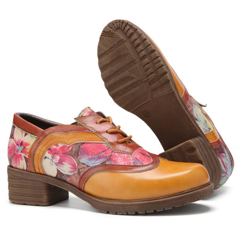 Bequeme Oxfords Mit Runder Zehenpartie Aus Echtem Leder Mit Retro-blumenschnürung