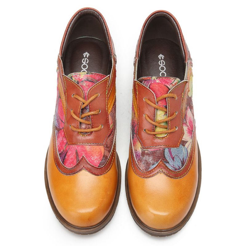 Bequeme Oxfords Mit Runder Zehenpartie Aus Echtem Leder Mit Retro-blumenschnürung