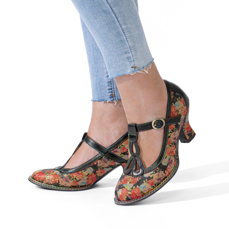 Bequeme T-strap-heels Aus Echtem Leder Im Retro-stil Mit Blumenmuster