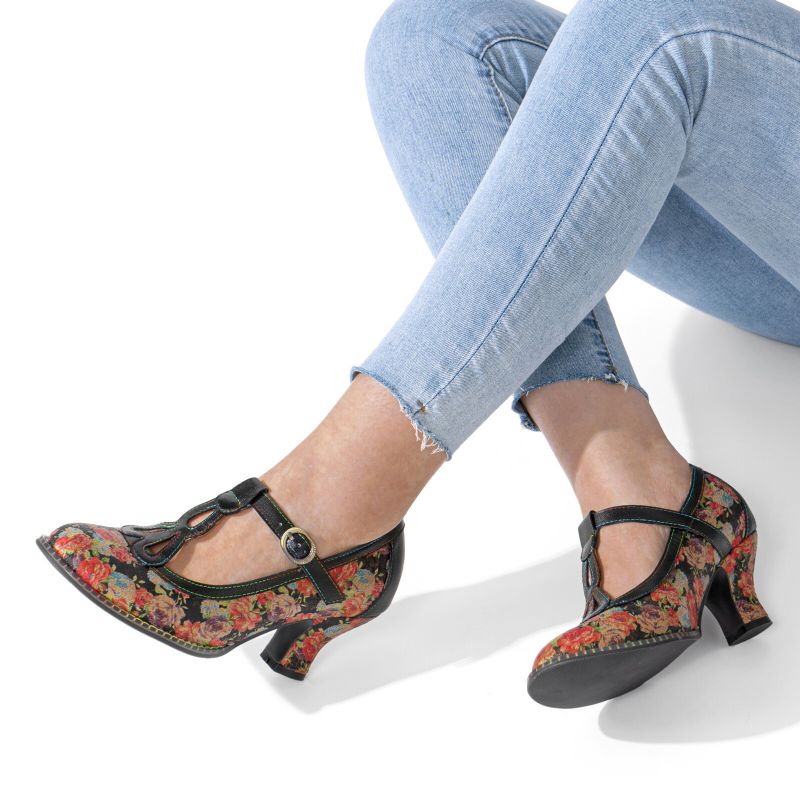 Bequeme T-strap-heels Aus Echtem Leder Im Retro-stil Mit Blumenmuster