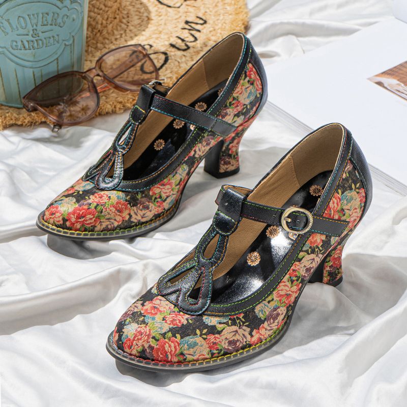 Bequeme T-strap-heels Aus Echtem Leder Im Retro-stil Mit Blumenmuster