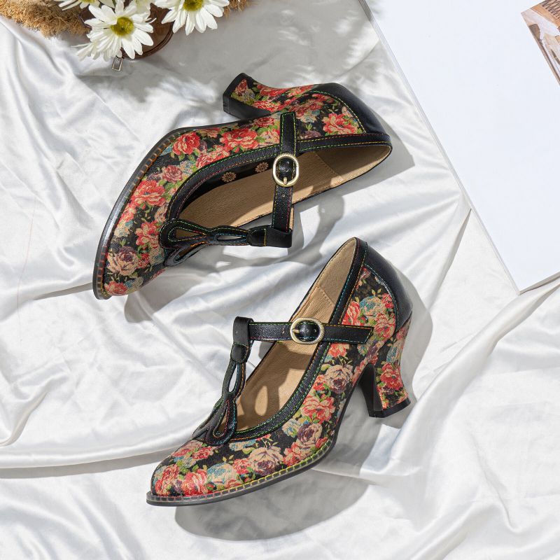 Bequeme T-strap-heels Aus Echtem Leder Im Retro-stil Mit Blumenmuster