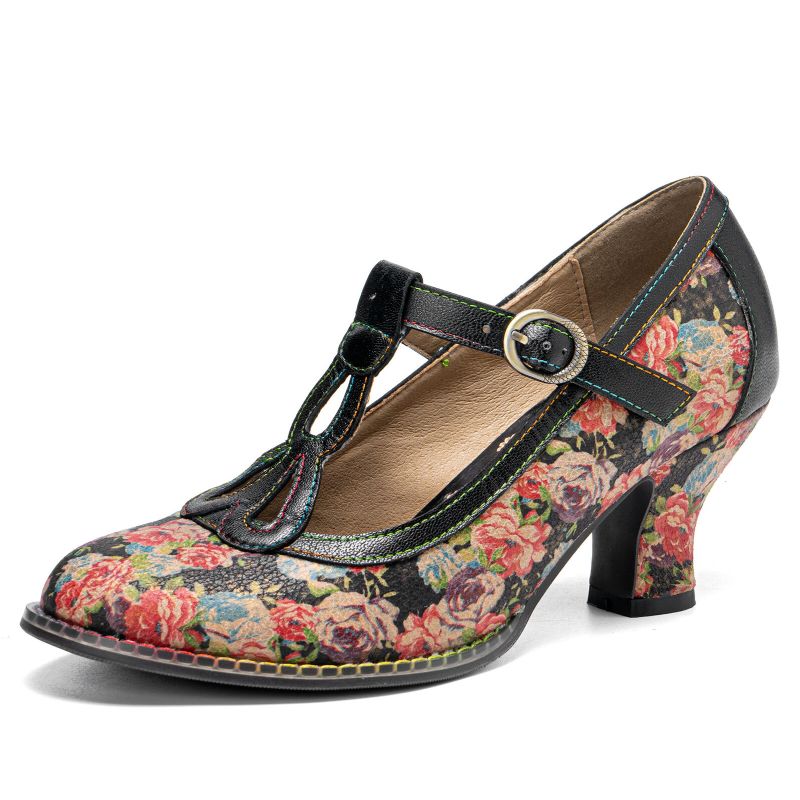 Bequeme T-strap-heels Aus Echtem Leder Im Retro-stil Mit Blumenmuster