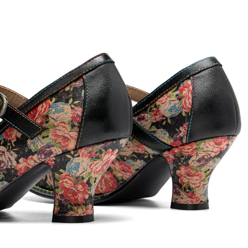 Bequeme T-strap-heels Aus Echtem Leder Im Retro-stil Mit Blumenmuster