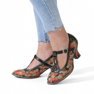 Bequeme T-strap-heels Aus Echtem Leder Im Retro-stil Mit Blumenmuster