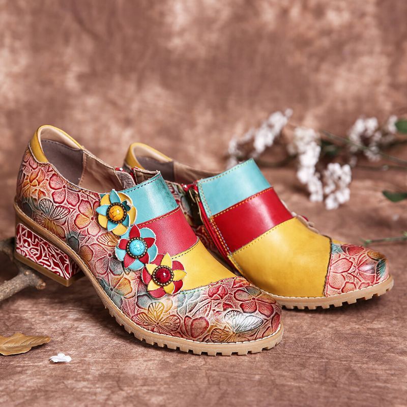 Bohemian Bloom Pumps Aus Echtem Leder Mit Mehrfarbiger Blumenprägung