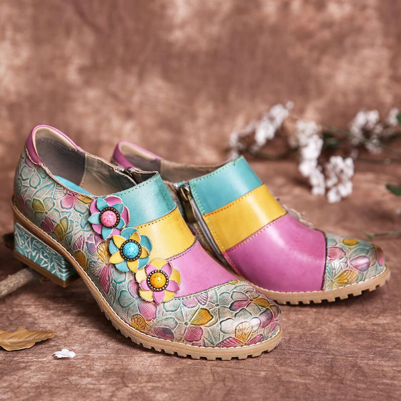 Bohemian Bloom Pumps Aus Echtem Leder Mit Mehrfarbiger Blumenprägung