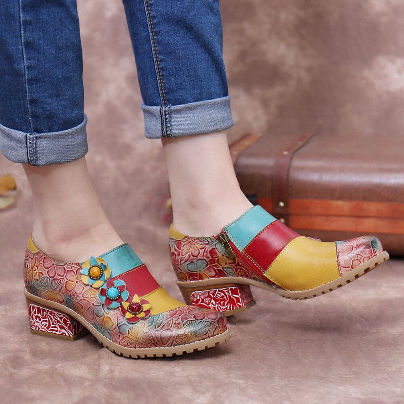 Bohemian Bloom Pumps Aus Echtem Leder Mit Mehrfarbiger Blumenprägung