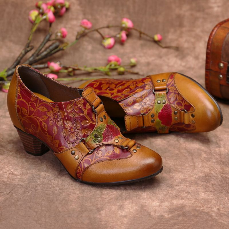 Cowgirl Handbemalte Retro-blumen-muster-nieten-echtleder-pumps Zum Hineinschlüpfen Mit Niedrigem Absatz