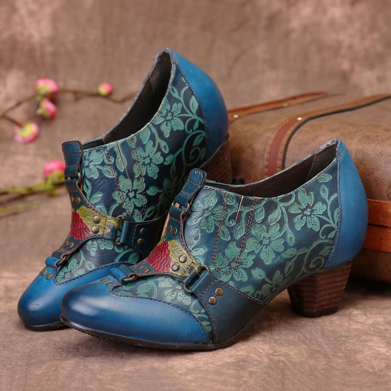 Cowgirl Handbemalte Retro-blumen-muster-nieten-echtleder-pumps Zum Hineinschlüpfen Mit Niedrigem Absatz