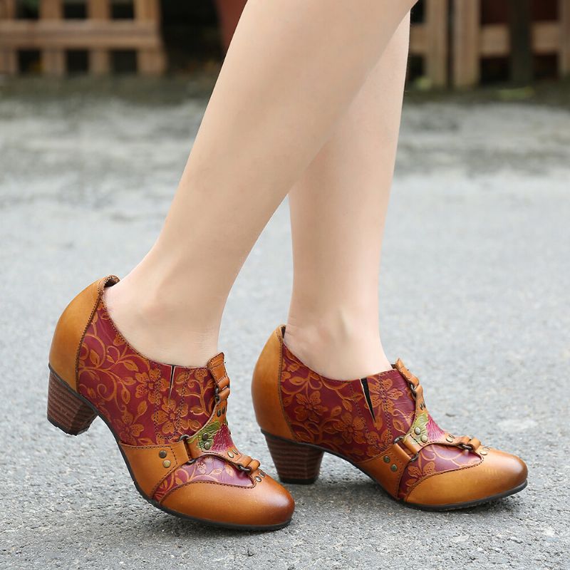 Cowgirl Handbemalte Retro-blumen-muster-nieten-echtleder-pumps Zum Hineinschlüpfen Mit Niedrigem Absatz