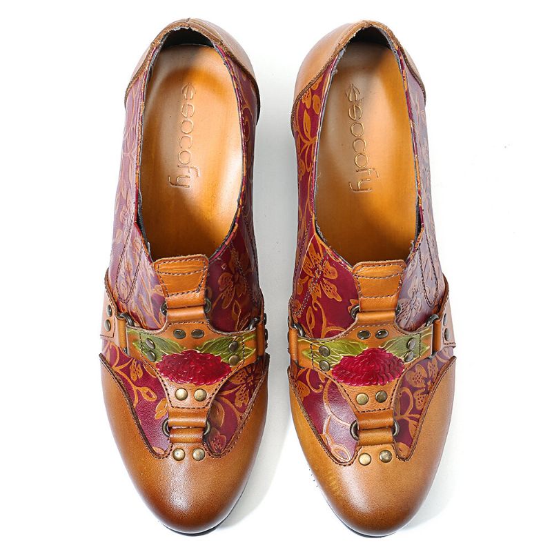 Cowgirl Handbemalte Retro-blumen-muster-nieten-echtleder-pumps Zum Hineinschlüpfen Mit Niedrigem Absatz