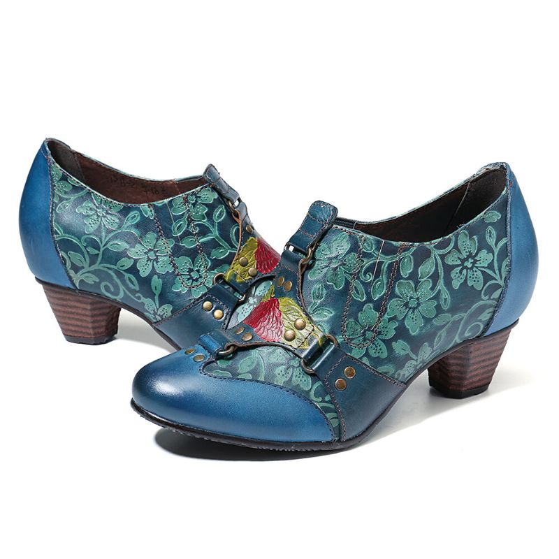 Cowgirl Handbemalte Retro-blumen-muster-nieten-echtleder-pumps Zum Hineinschlüpfen Mit Niedrigem Absatz