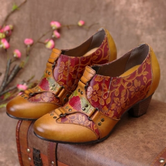 Cowgirl Handbemalte Retro-blumen-muster-nieten-echtleder-pumps Zum Hineinschlüpfen Mit Niedrigem Absatz