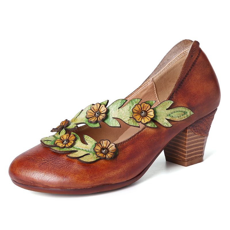 Damen Pumps Aus Echtem Leder Mit Blumenverzierung