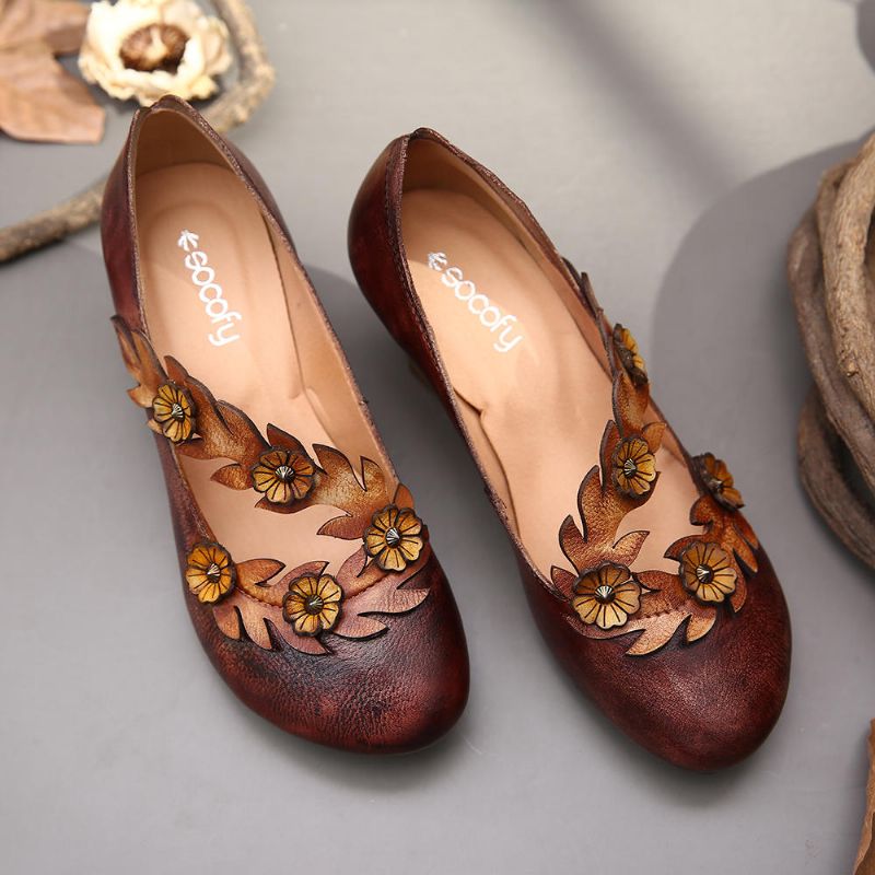 Damen Pumps Aus Echtem Leder Mit Blumenverzierung