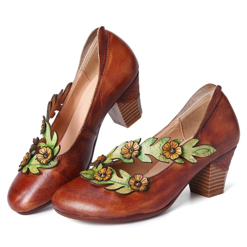 Damen Pumps Aus Echtem Leder Mit Blumenverzierung