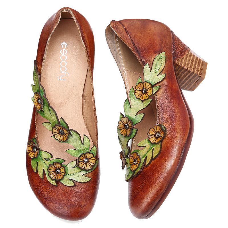 Damen Pumps Aus Echtem Leder Mit Blumenverzierung