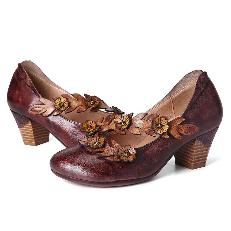 Damen Pumps Aus Echtem Leder Mit Blumenverzierung