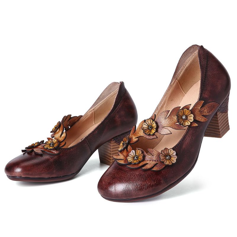 Damen Pumps Aus Echtem Leder Mit Blumenverzierung