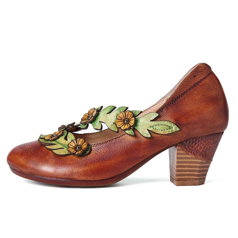 Damen Pumps Aus Echtem Leder Mit Blumenverzierung