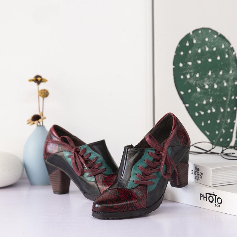 Damen-pumps Aus Echtem Leder Mit Retro-prägung Und Blumen-frühling