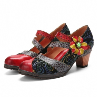 Echtes Leder Hakenschlaufe Bequeme Retro Colorblock Blumendekor Mary Jane Heels