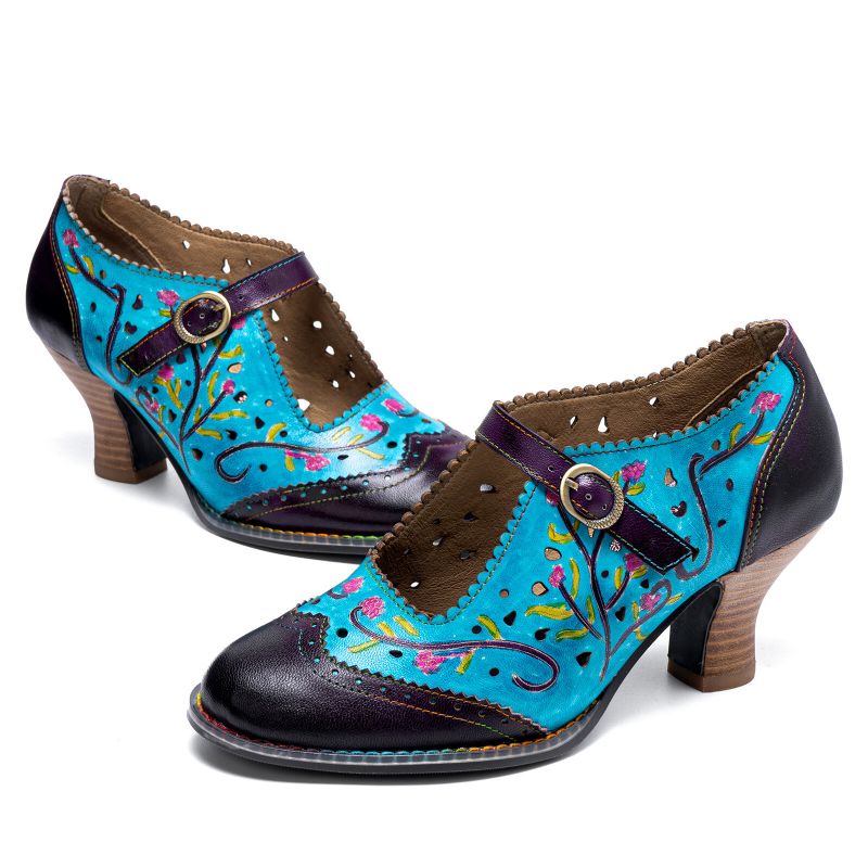 Echtes Leder Retro Fashion Floral Colorblock Bequeme Atmungsaktive Hohle Mary Jane Heels