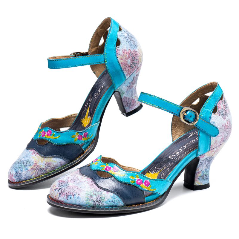 Echtes Leder Retro-schnalle Fashion Floral Colorblock Comfy Mary Jane Heels