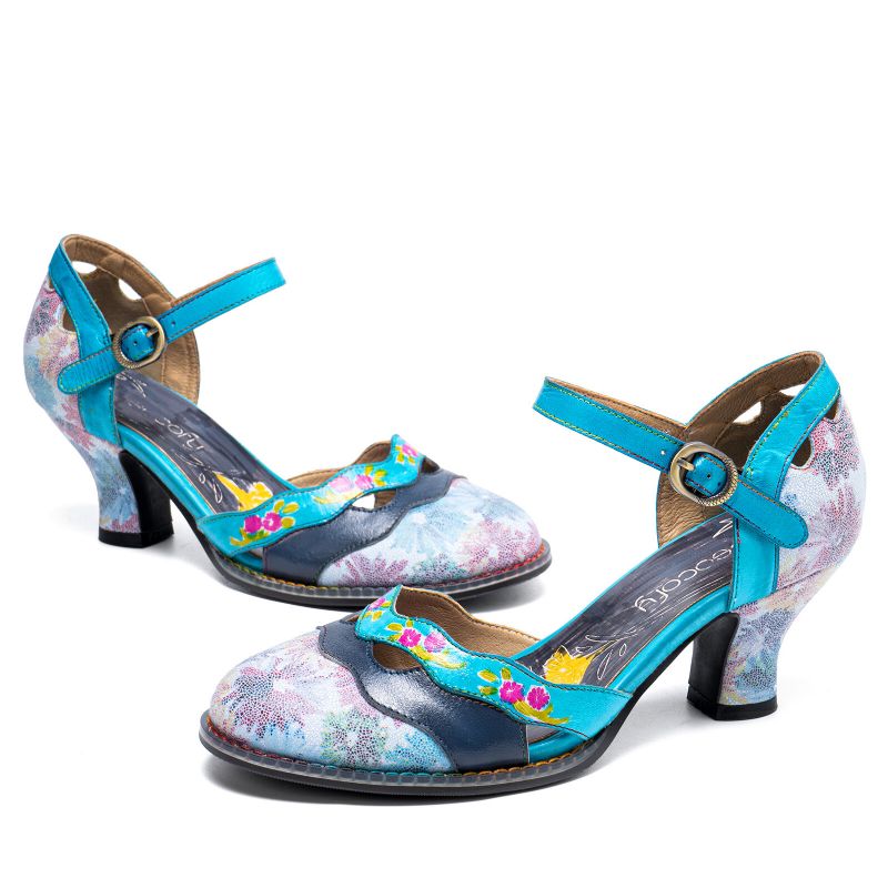 Echtes Leder Retro-schnalle Fashion Floral Colorblock Comfy Mary Jane Heels